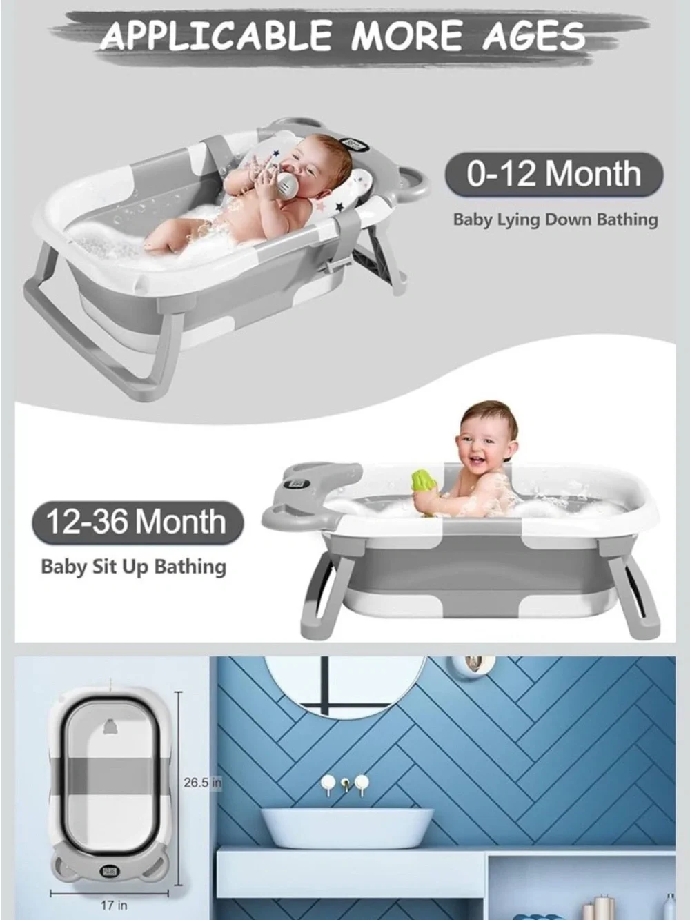 Grey Foldable Baby Bath Tub with Cushioned Support and Thermometer